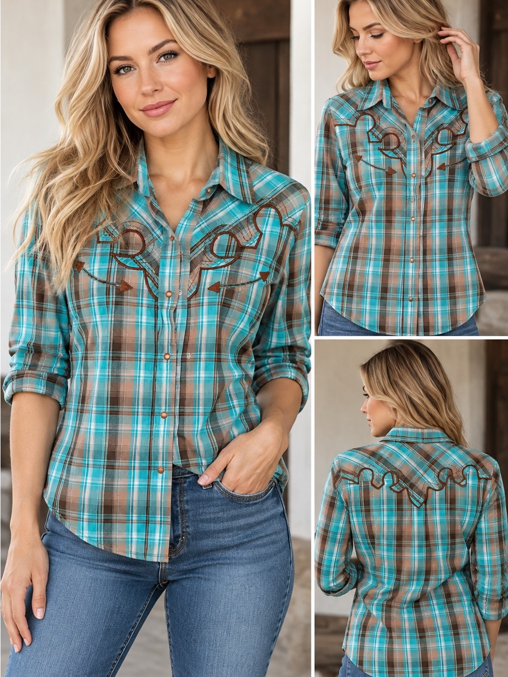 Plaid Turquoise and Brown Western-Style Button Down Shirt